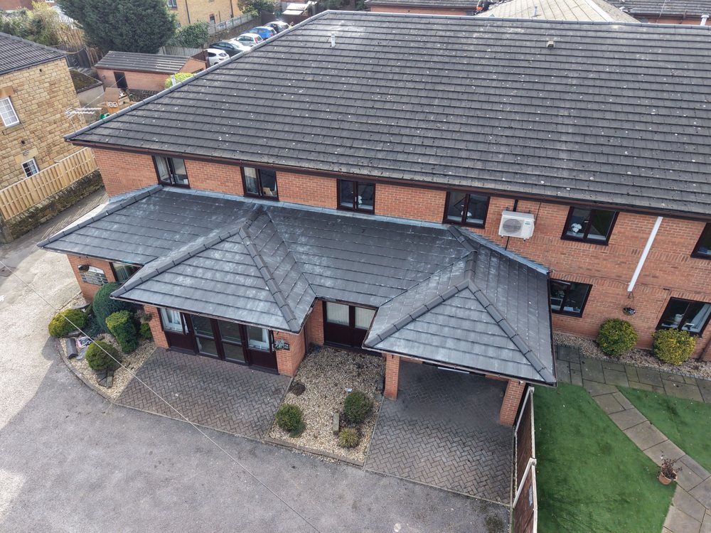 Drone view of a finished re-roof