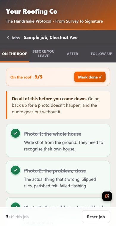 The Handshake app on the On the roof step, three of five photos ticked