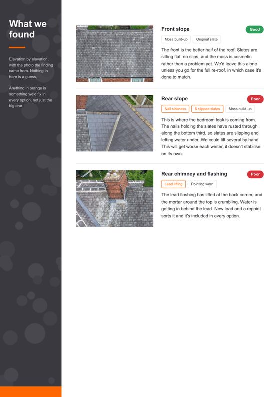 Report page: what we found, with drone photos